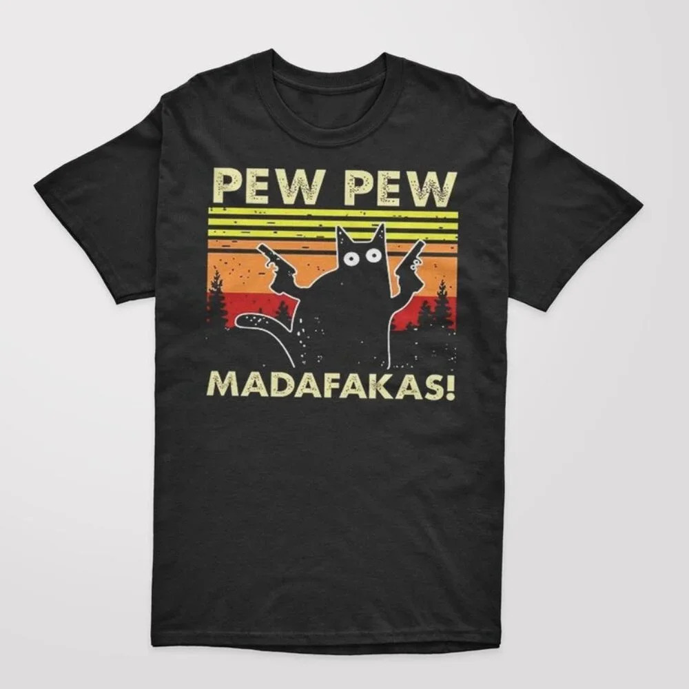 Pew Pew Madafakas Funny Cat Retro Kitten Meme Graphic Gift T-Shirt - Picture 1 of 4